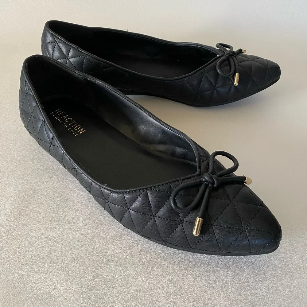 Kenneth Cole Reaction Quilted Black Ballet Flats 7.5 Pointed Toe Bow Women’s - Picture 4 of 12